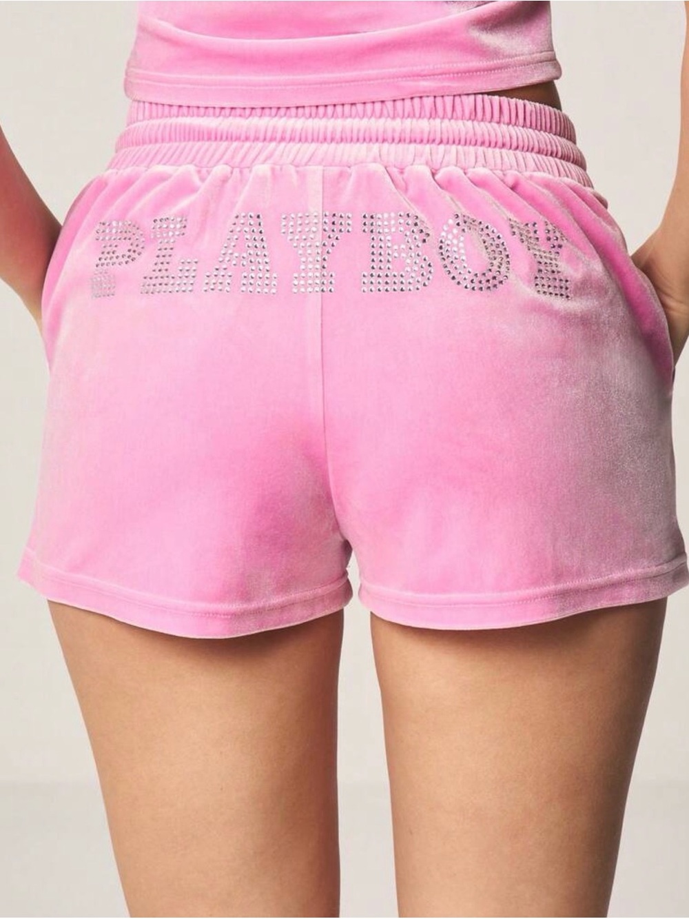 PLAYBOY Pink Velour Rhinestone Logo Shorts